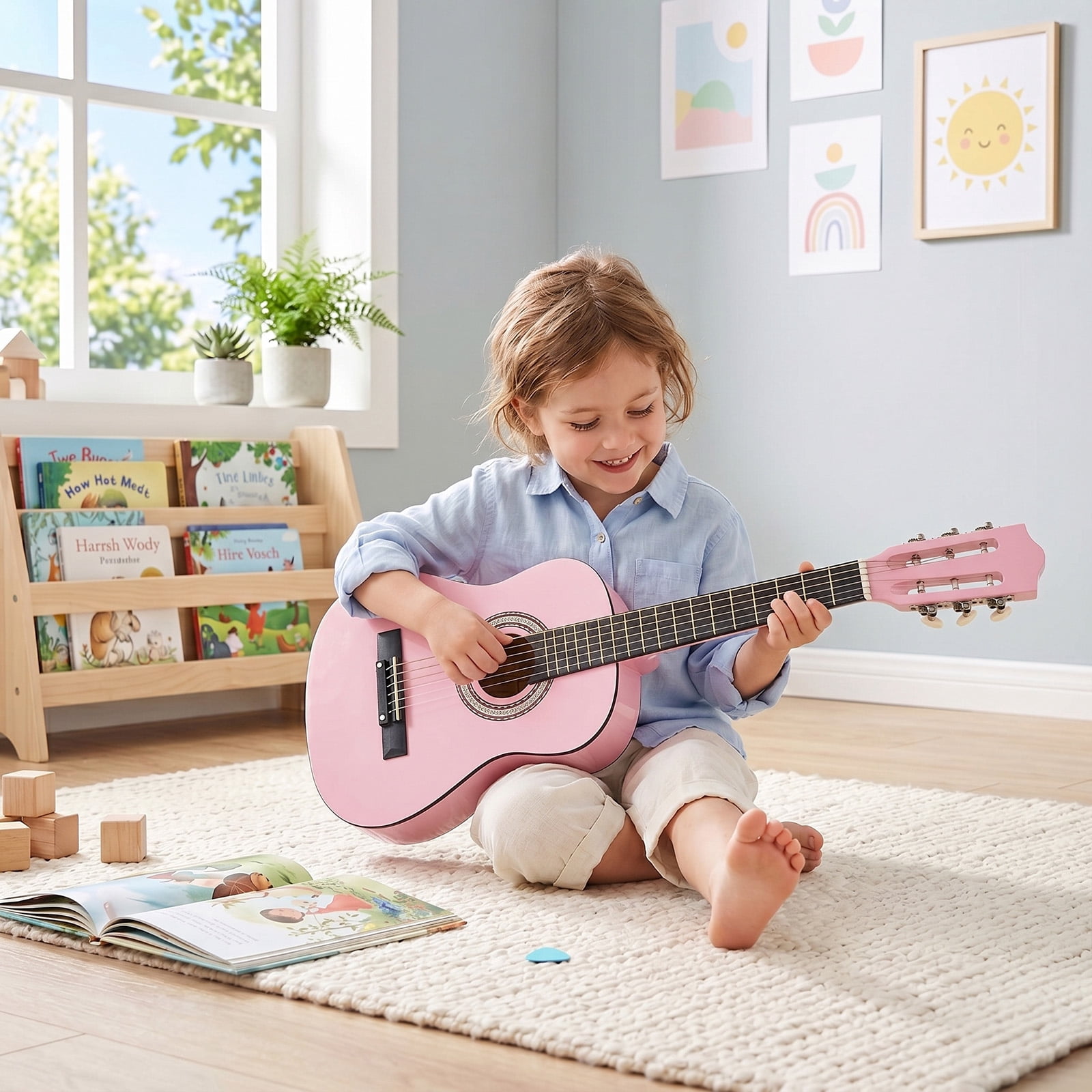 30in Round Acoustic Guitar with Picks, Strings, Capo, Case, Tuner, and Strap - Light Pink