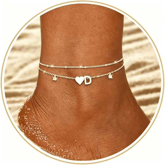 DESIGNICE Silver Ankle Bracelets for Women 14K Gold Plated Initial Anklets for Women Waterproof Non Tarnish Dainty Layered Cz Letter A-Z Heart Charm Anklet Set Summer Beach Foot Chain Jewelry Gift
