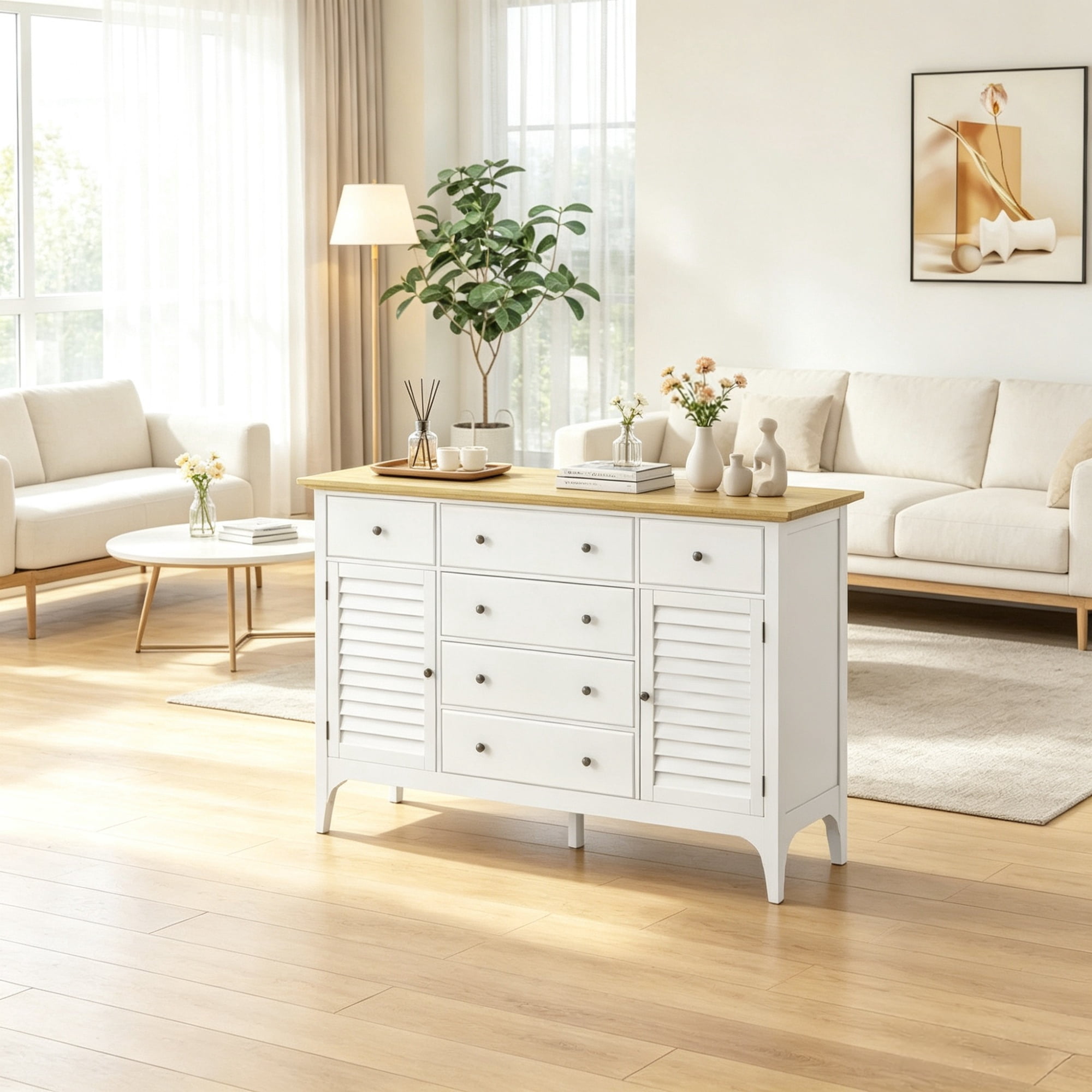 Adjustable Shelves Sideboard, Buffet Cabinet with Storage Drawers, Rubber Wood Top Coffee Bar, White