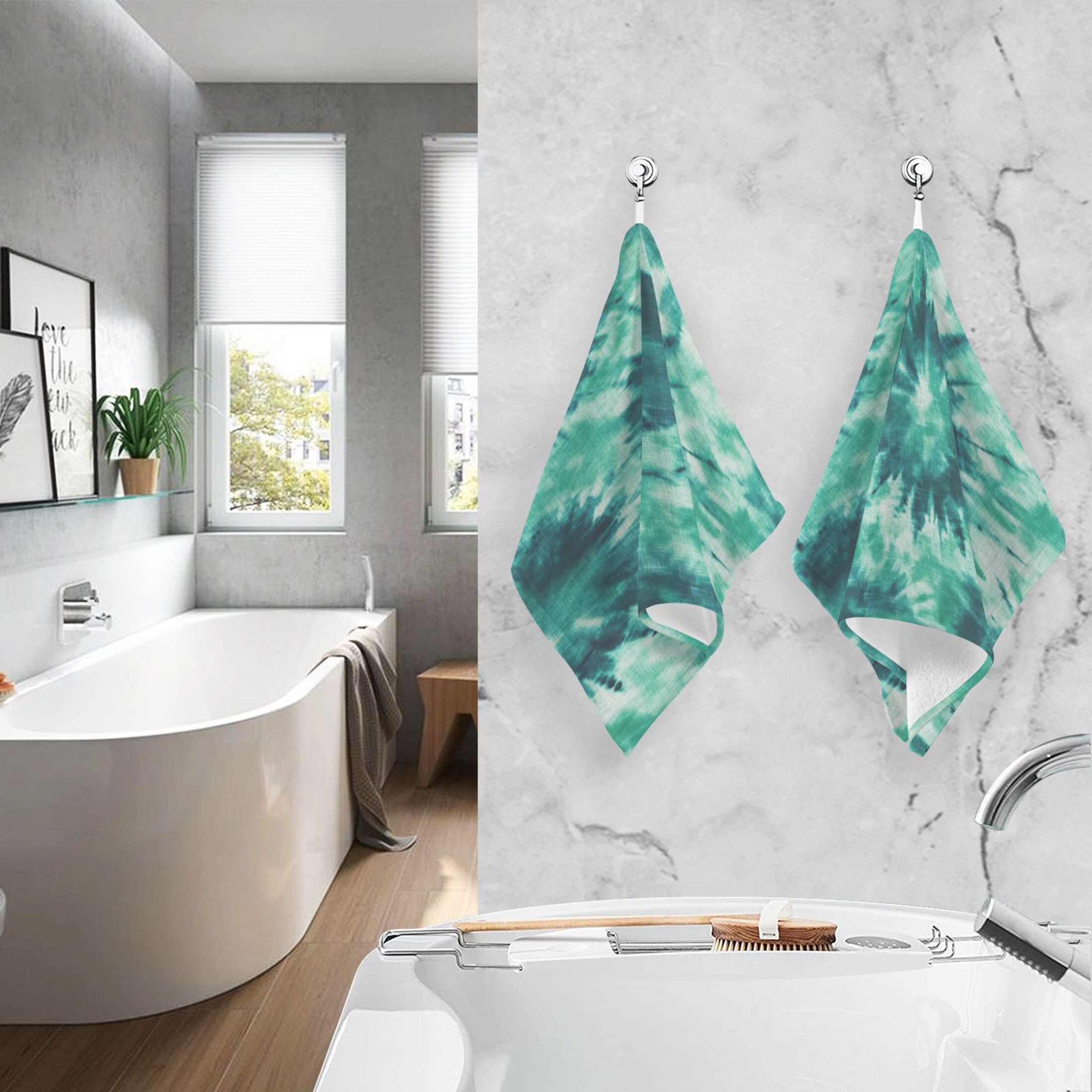 2 Pcs Absorbent Face Towel Bath Hand Towels Soft Breathable Cotton Towel Set for Bathroom Kitchen Hotel Spa Decor Dark Teal Tie-dye Pattern