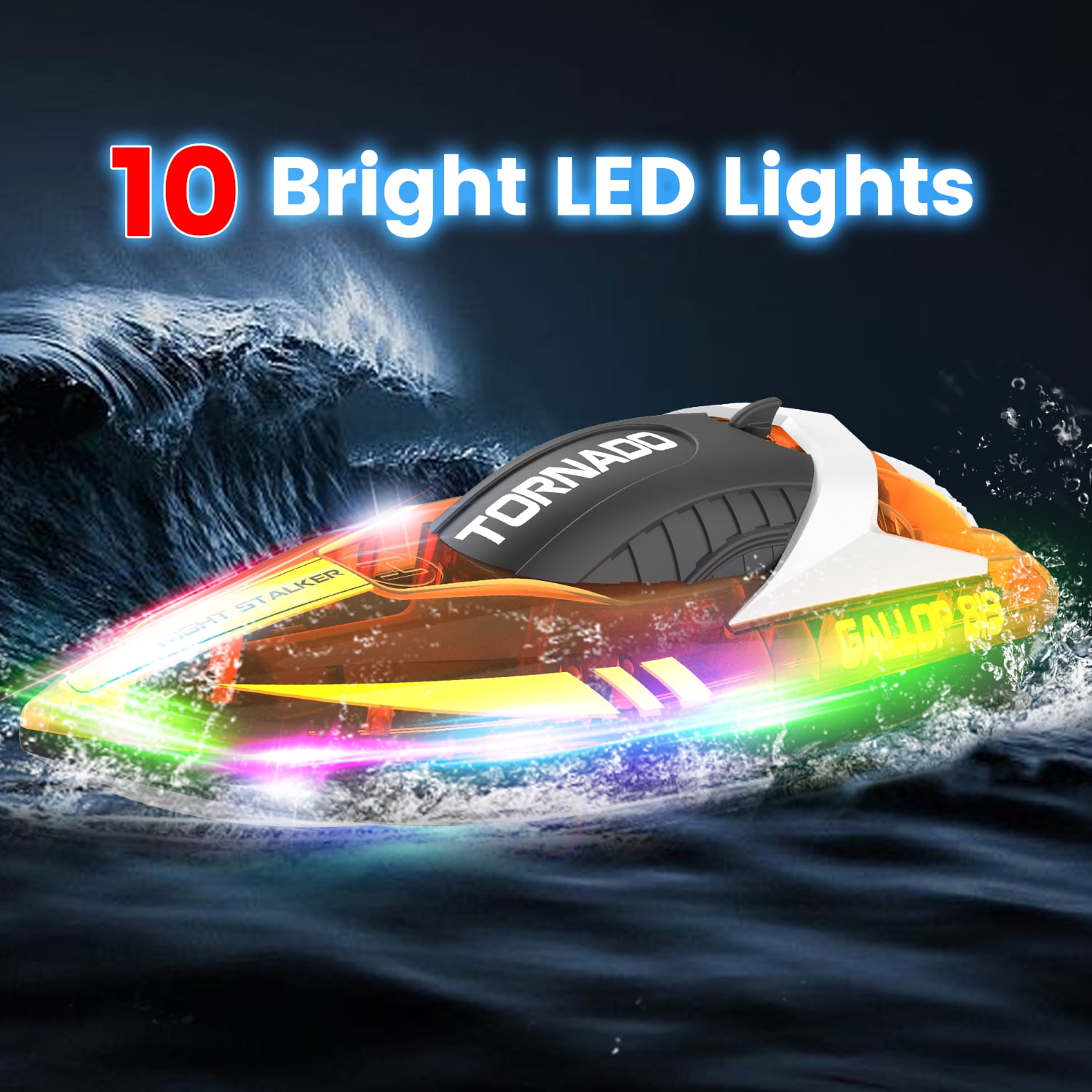 JoyStone RC Boat for Pools and Lakes, 2.4G Remote Control Boat with LED Lights, Racing Boats for Kids & Adults with 2 Rechargeable Battery, Gifts for Boys Girls (Orange)