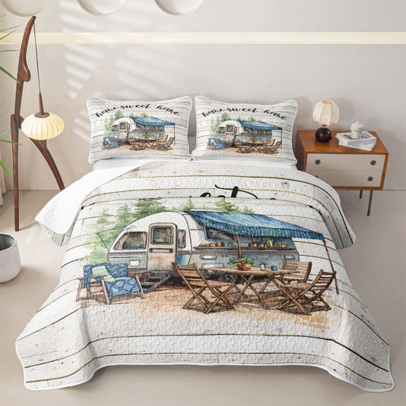 Erosebridal Watercolor Camper Twin Quilt Set for Boys Men, Pine Tree Wooden Plank Twin Coverlet Set, Gray Green, 2pcs