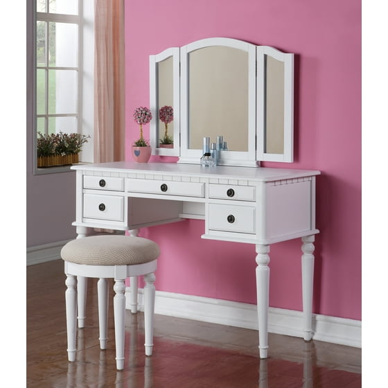 Bobkona St Croix 3 Fold Mirror Vanity Table With Stool Set In Bobkona St Croix 3 Fold Mirror Vanity Table With Stool Set In Cherry Com