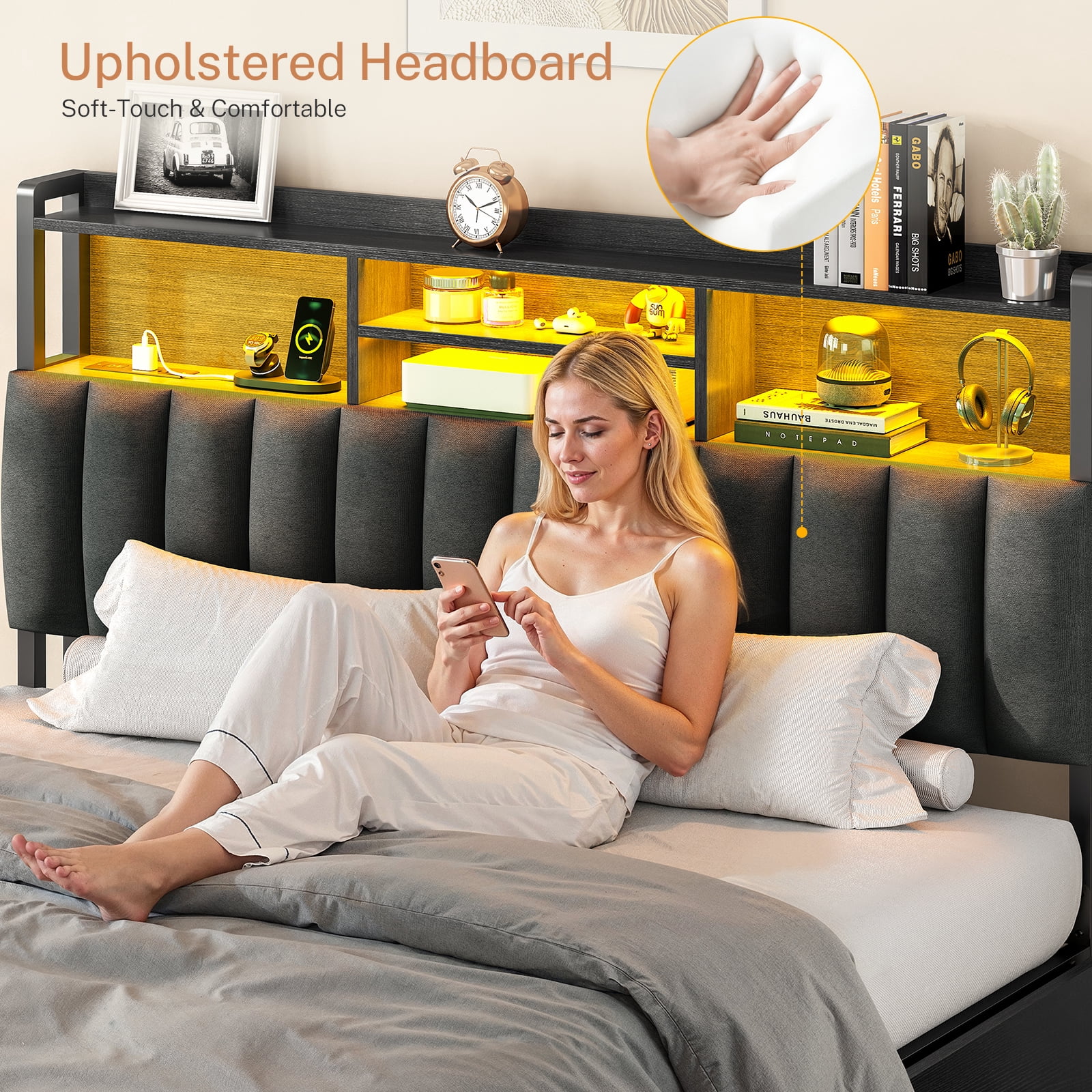 Queen Bed Frame with Charging Station & LED Lights, Bed Frame Queen Size with 4 Storage Drawers, Upholstered Headboard with Shelves, Black, Noise Free