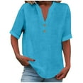 thumbnail image 2 of VJGBEGW Women Cotton Linen Tunic Tops Casual Half Sleeve 1/4 Button V Neck Shirts Loose Fit Summer Beach Vacation Blouse Sky Blue L, 2 of 9