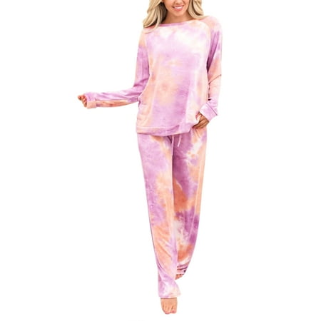 

2pcs Set Women Tie Dye Pajama Sets Long Sleeve Wide Leg Loose Baggy Tops and Long Elastic Drawstring Pants PJ Sets Casual Loungewear Sleepwear Homewear Set