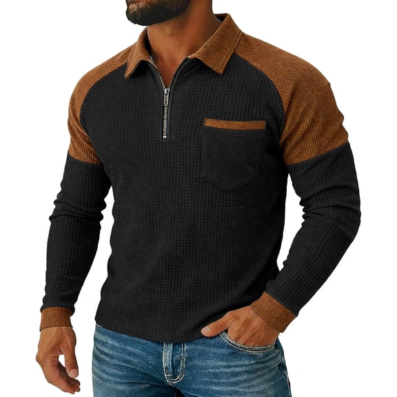 Aimik Polo Shirts for Men Long Sleeve Quarter Zip Color Block Shoulder Casual Waffle Knit Tops Fall Winter Textured Collared Shirt,Black,XXXL