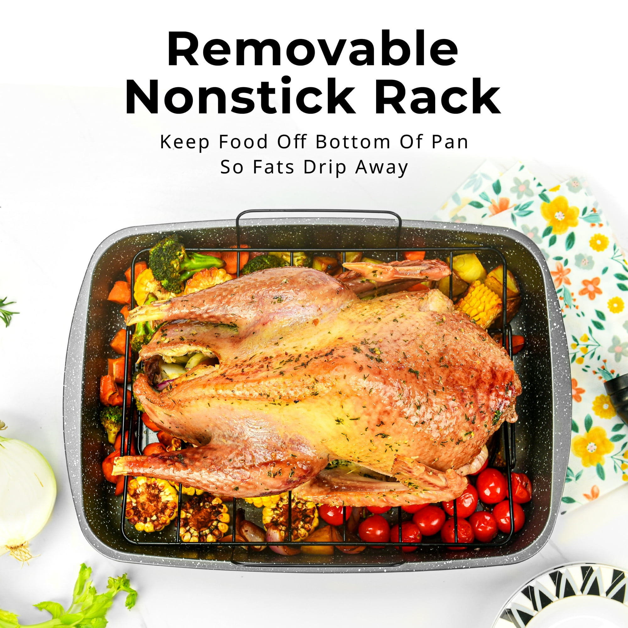 Mainstays Rectangle 18.9" Non-Stick Carbon Steel Grey With Speckle Roaster Pan & Wire Rack Gauge on 0.5 mm Thickness