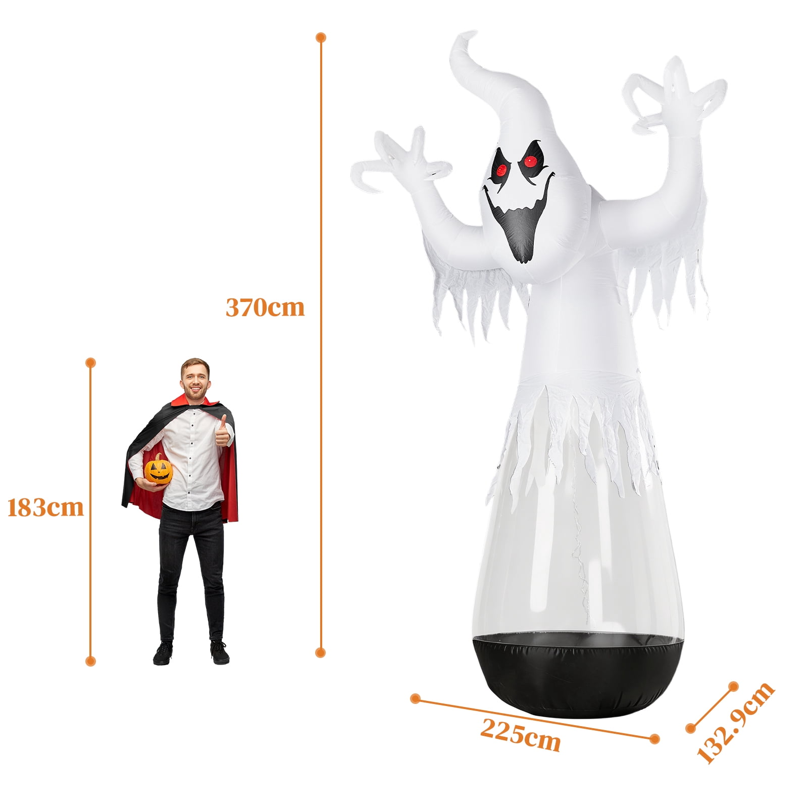 12ft Halloween Inflatable Half-Body Clear PVC White Ghost with 2 LED Lights