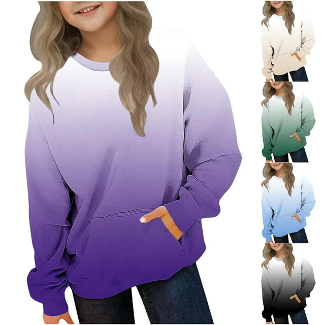 JDQJBZ Hauts à Manches Longues pour Enfants, Chandail en Molleton à Col Rond Dégradé Mode pour Filles et Garçons avec Poche