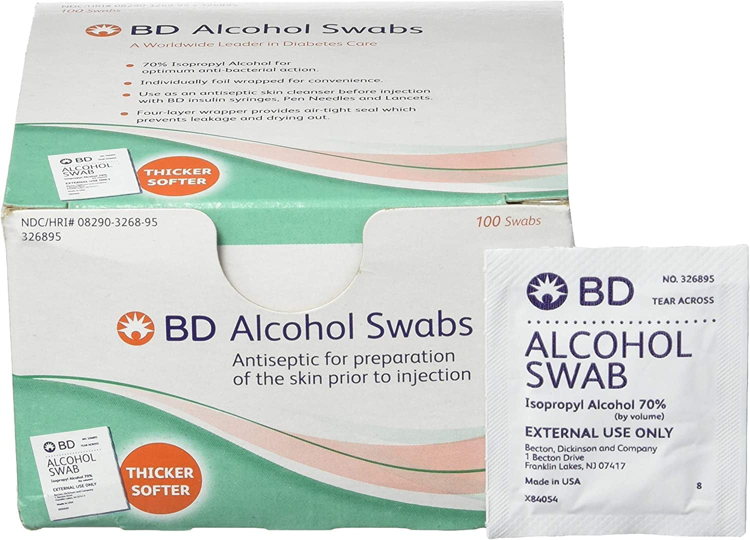 Alcohol Prep Pad BD Isopropyl Alcohol, 70% Individual Packet 1 X 3/4 Inch 5 Boxes of 100 (500 Count)