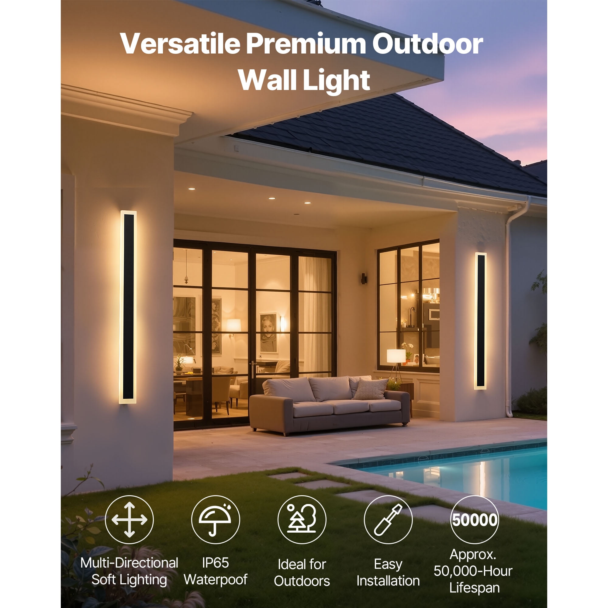 KFFKFF Outdoor Wall Light Set, 2-Pack, 47.2-Inch Modern Vertical Wall Sconce Fixtures, Adjustable 2700K-6000K Color Temperature, IP65 Waterproof, Rust-Resistant, Dimmable Exterior Lighting for Porch