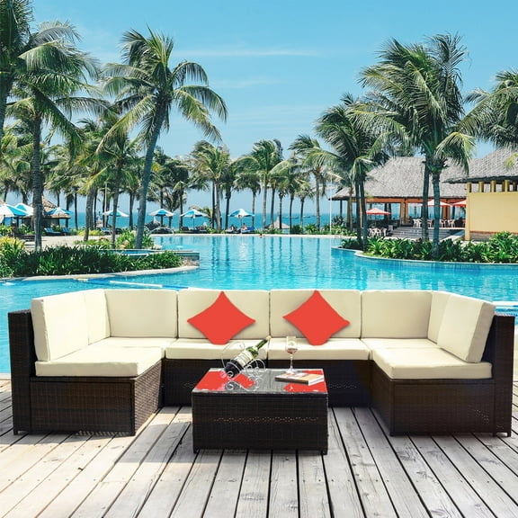 SEGMART Outdoor Conversation Seats Set! 7PCS Patio Conversation Seats Set with Coffee Table, All-Weather Wicker Sofa for Patio & Garden w/2 Corner Seats, 12 Padded Cushions, 2 Ottomans, Beige, S8359