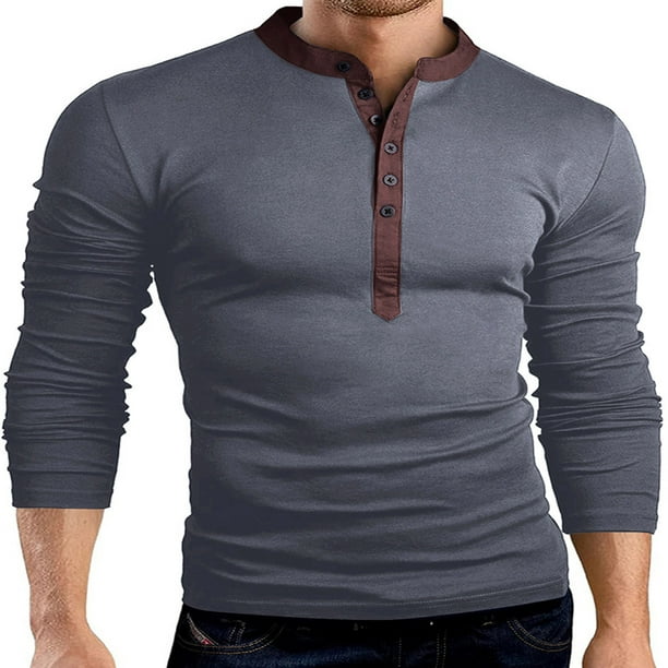 pstuiky camisetas de manga larga para hombre, Camiseta de manga larga con cuello alto falso de color liso para hombre, con múltiples botones y preimpregnación Tops de talla grande para hombre m