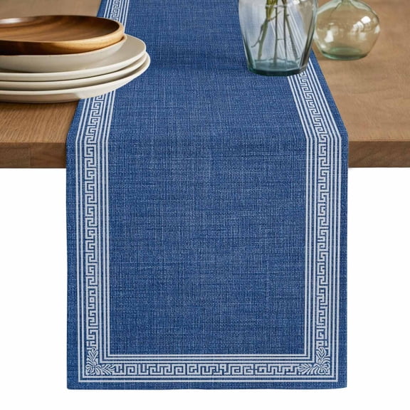 Dark Blue Retro Greek Key Table Runner, Geometric Greece Ancient Rustic Washable Cotton Linen Table Runners 48 Inches Long, Dresser Scarf Runner for Nightstand/Coffee/End Tables 13''x48''