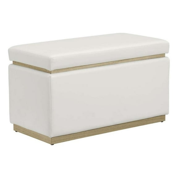 Linon Hawn Rectangle Storage Ottoman Natural Wood Trim in White Faux Leather