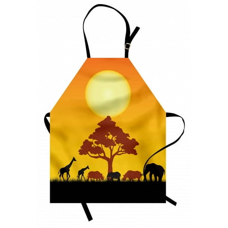 

Safari Apron Silhouette of Rhinos Elephants Zebras Grassland and A Tree with the Sun Unisex Kitchen Bib Apron with Adjustable Neck for Cooking Baking Gardening Orange Chocolate Black by Ambesonne