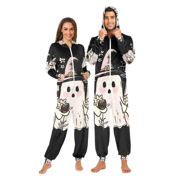 Halloween Ghosts Pink Adult Onesie Pajamas Slim Fit Christmas One Piece Suit Pjs for Women and Men Hooded Zipper