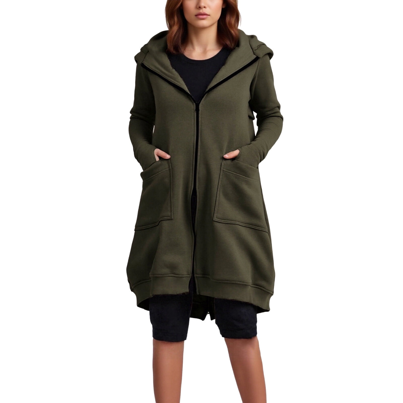 Maxi Hoodie with Thumb Holes Sevevn Women's Solid Color Jacket Fleece Casual Zipper Long Sleeve Pocket Hooded Long Sweater Army Green S