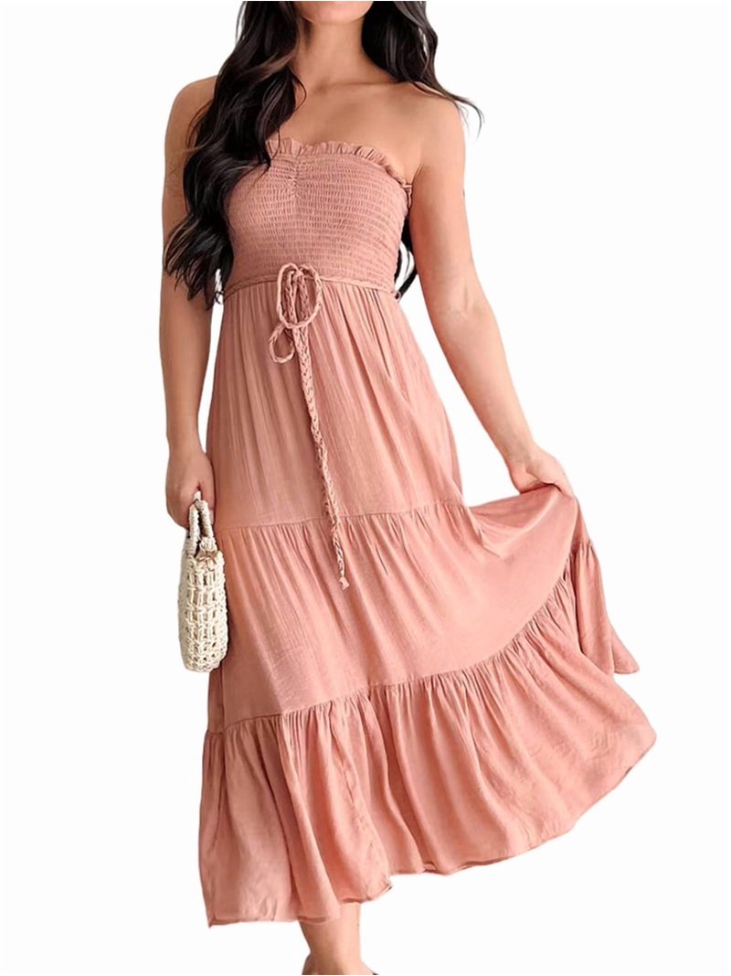 casual coral maxi dress Vivid Eden Women's Coral Peach Halter Neck Tiered Maxi Dress,Boho Frill Trim Sleeveless Flowy Summer Sundress,Beach Vacation Holiday Elegant Long Casual Dress