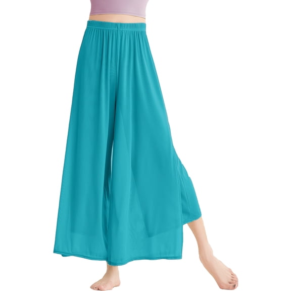 FEOYA Womens Double Layered Dance Pants Side Slit Classical Palazzo Pants Mesh Flowing Training Pants Wide Leg Elastic Waist for Modern Ballet Yoga M