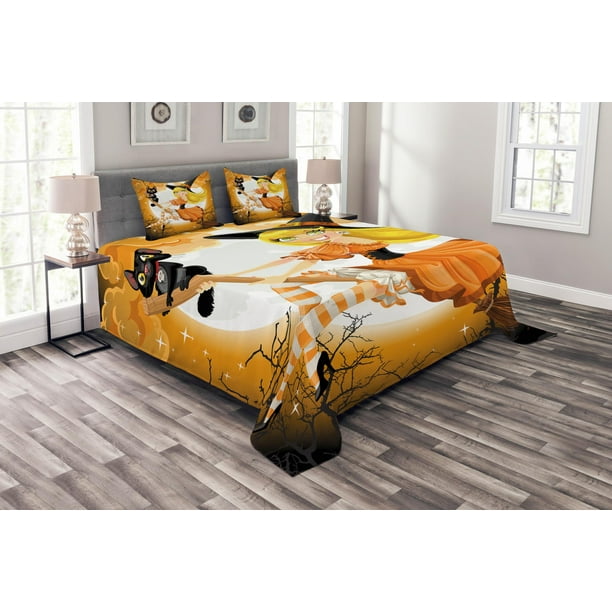 Bedspread Set King Size Cute Y Witch On A Broom With Baby Kitten And Hazy Bedspread Set King Size Cute, Witch Bed Is Bigger Queen Or King