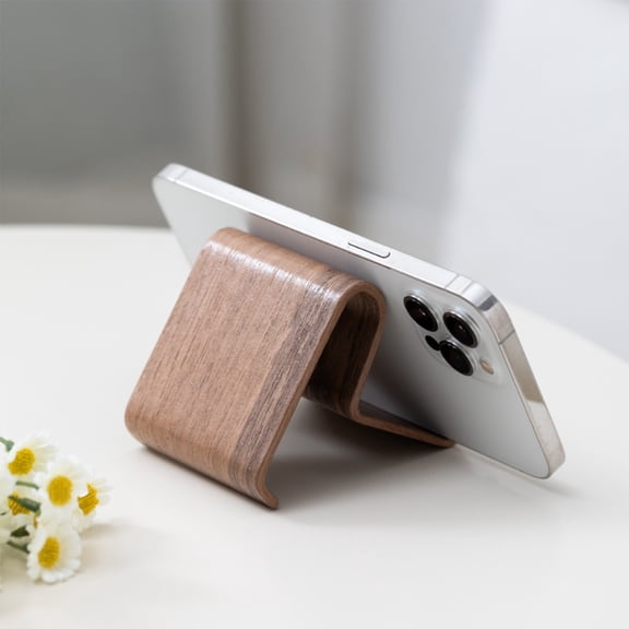 Walnut Wood Phone Stand, Desktop Cell Phone Holder, Minimalist Wooden Mobile Dock, Portable Anti-Slip Smartphone Rest for Office Desk Bedside Travel Video Calls Universal Compatibility
