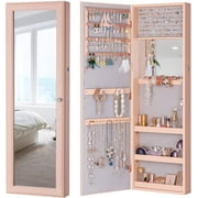 LUXFURNI Jewelry Armoire Organizer, Wall/ Door Mounted Cabinet With Full Length Mirror (Pink)