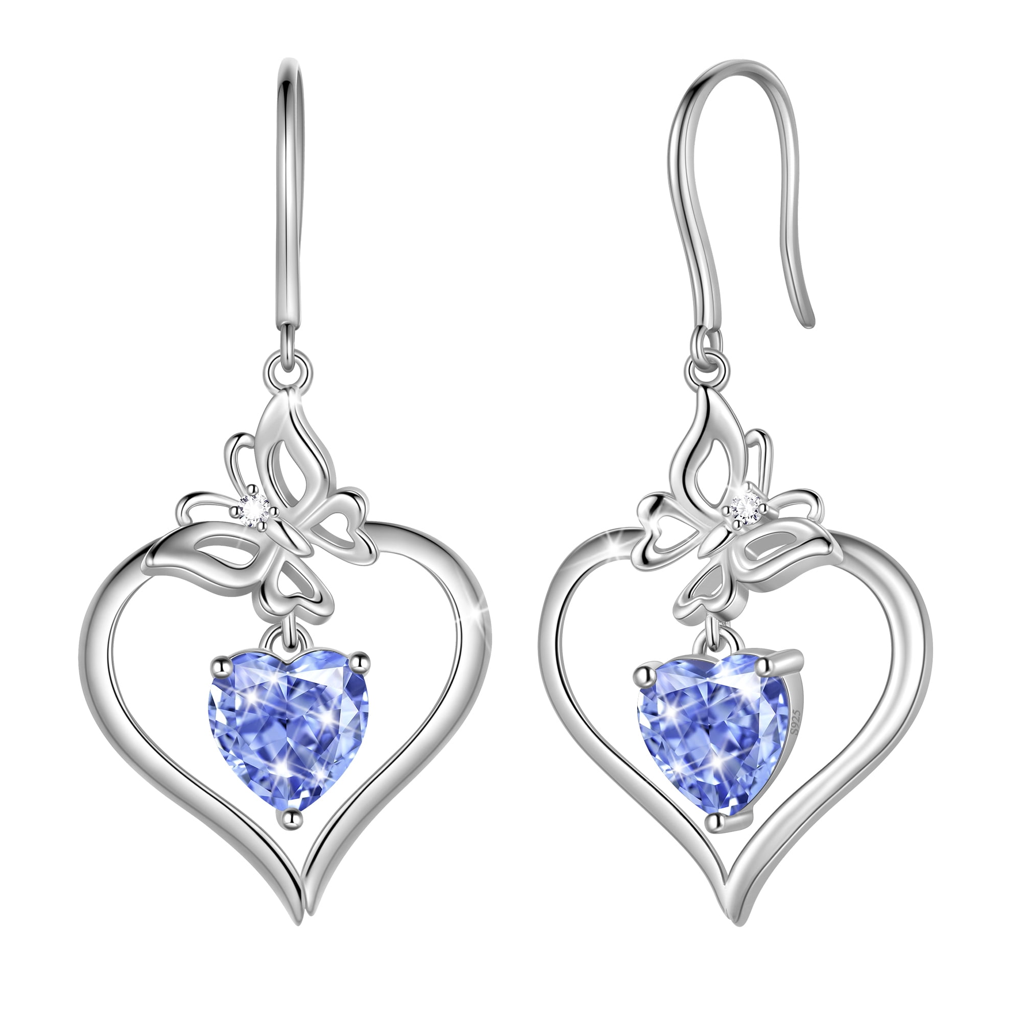 Beautlace 18K White Gold over Stering Silver Butterfly Dangle Drop Earrings,December Birthstone Heart Hook Earrings Jewelry Birthday Christmas Valentines Mothers Day Gifts for Women Mom