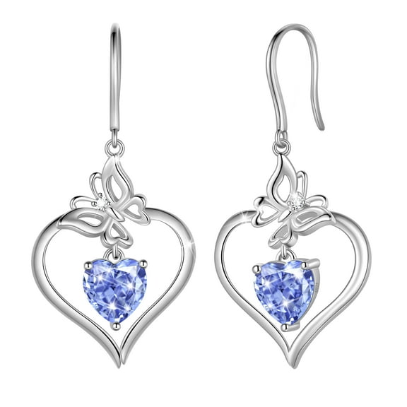 Beautlace 18K White Gold over Stering Silver Butterfly Dangle Drop Earrings,December Birthstone Heart Hook Earrings Jewelry Birthday Christmas Valentines Mothers Day Gifts for Women Mom