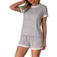 thumbnail image 2 of Kaemgyyd 2 Piece Lounge Sets for Women Summer Striped Crew Neck Top Shorts Matching Sets Color Block Sleepwear（Brown,Large）, 2 of 6