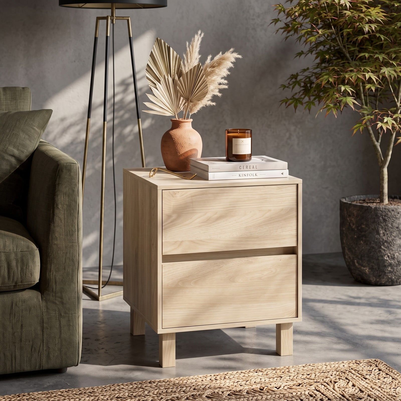 Furnibear Modern Wooden End Table with 2 Storage Drawers, Nightstand Side Table with Elevated Legs and Anti-Toppling Device for Living Room Bedroom Study, Natural