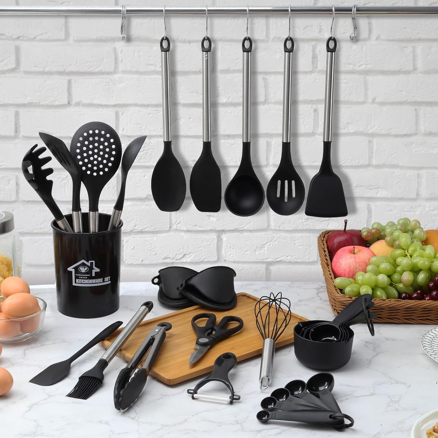 Mirdinner Silicone Cooking Utensils Set, 21 Pcs Safe Food-Grade Kitchen Utensils Set with Holder, BPA-Free, Non-stick Heat Resistant Silicone Cookware with Stainless Steel Handle, Black