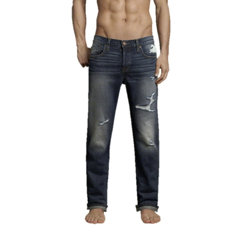 Hollister Mens Slim Straight Medium Wash Destroyed Jeans