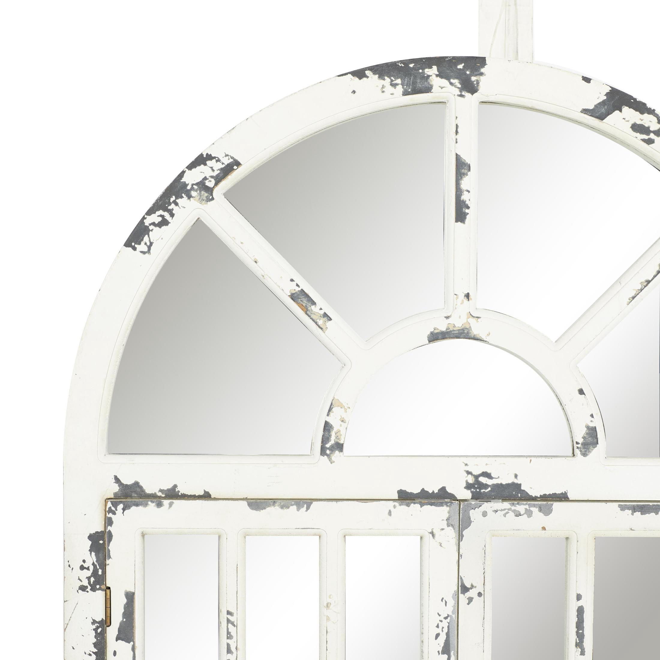 DecMode 26" x 46" White Window Pane Inspired 2 Door Wall Mirror with Arched Top and Distressing