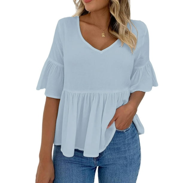 Eurivicy Womens Summer Peplum Tops Bell Sleeve V Neck Ruffles Casual