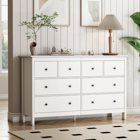 Pipleo White Dresser, 8 Drawer Dresser, 50" Modern Wooden Dressers Chests of Drawer, 8 Drawers Wide Dresser for Bedroom