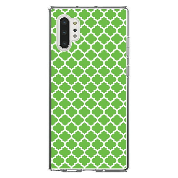 DistinctInk Clear Shockproof Hybrid Case for Galaxy Note 10 PLUS (6.8" Screen) - TPU Bumper, Acrylic Back, Tempered Glass Screen Protector - Green White Moroccan Lattice