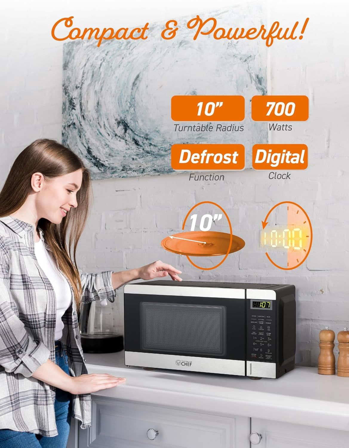 Commercial Chef CHM770SS Countertop Microwave Oven, 0.7 Cubic feet, Stainless Steel, Condition: New
