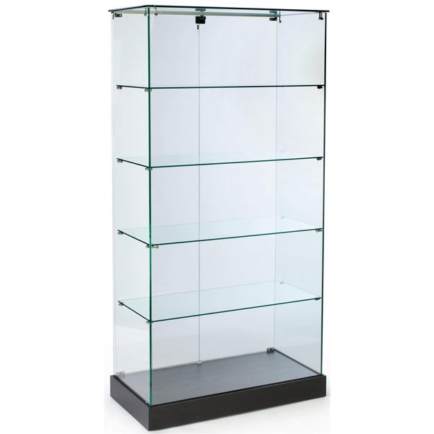 Glass Display Case And Black MDF Base, With Hidden Wheels And Hinged
