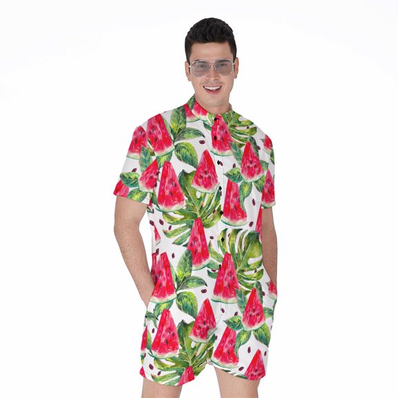White Tropical Watermelon Pattern Short Sleeve Men'S Rompers, Aloha Hawaiian Tropical Floral Plants Summer Casual Summer Jumpsuits Outfit