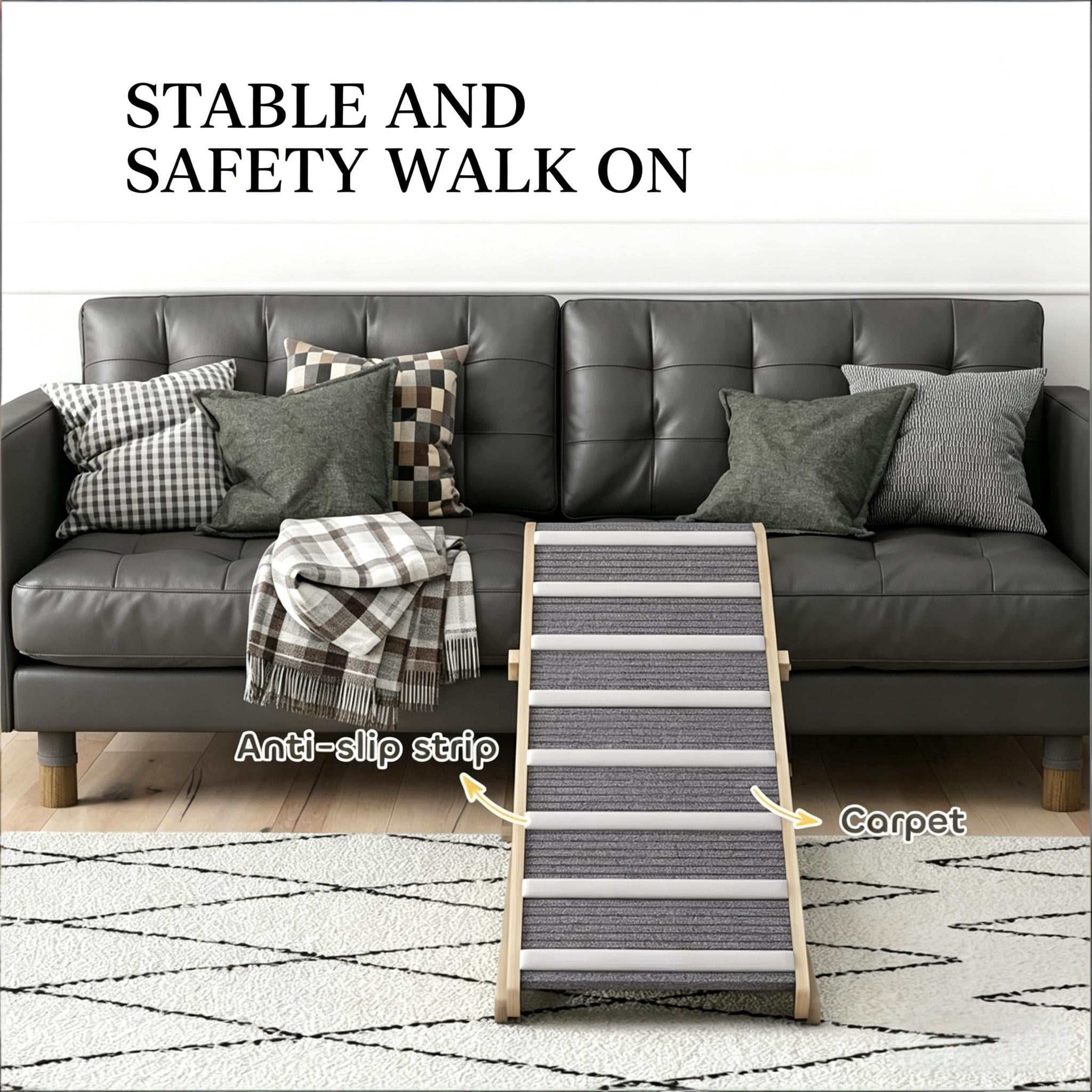 Foldable Pet Ramp for Dog & Cat, 4 Adjustable Height, Solid Pine Wood Pet Ramp with 900GSM Non-Slip Carpet, Portable Gentle Incline Climbing Ramp for Bed Sofa Car, Supports Up to 110 lbs