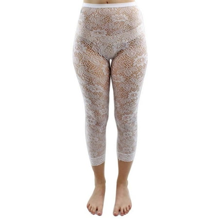 Capri Length Footless Tight - White Floral Lace Capri Length Stretchy Tights