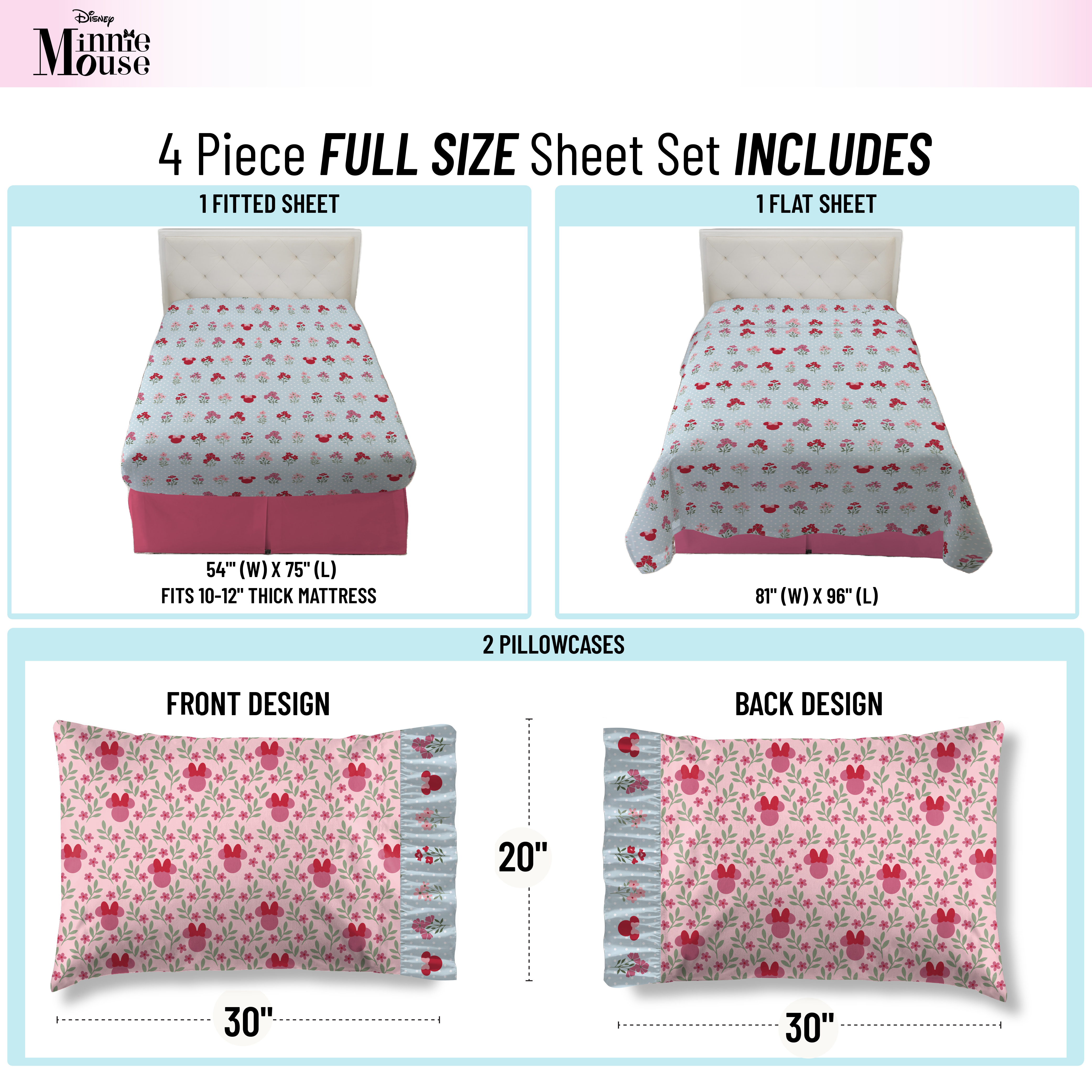 Minnie Mouse 4-Piece Full Sheet Set, Polyester, Multicolor, Disney