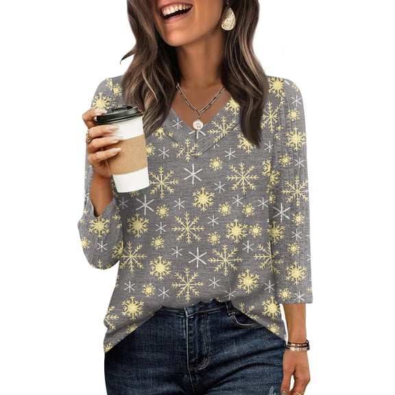 Women's Casual Fashion Christmas Print 3/4 Sleeve Top, Holiday Graphic Tee, Stylish Blouse for Fall Winter Seasonal Wear,Gray,M