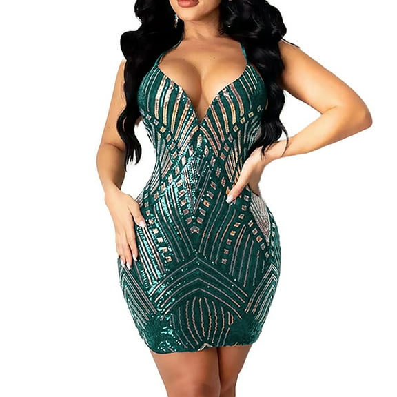 Wedding Guest Dresses for Women Vintage Cross-Criss Tie Backless Sequin Dresses Spaghetti Strap Bodycon Cocktail Gowns Green XXL