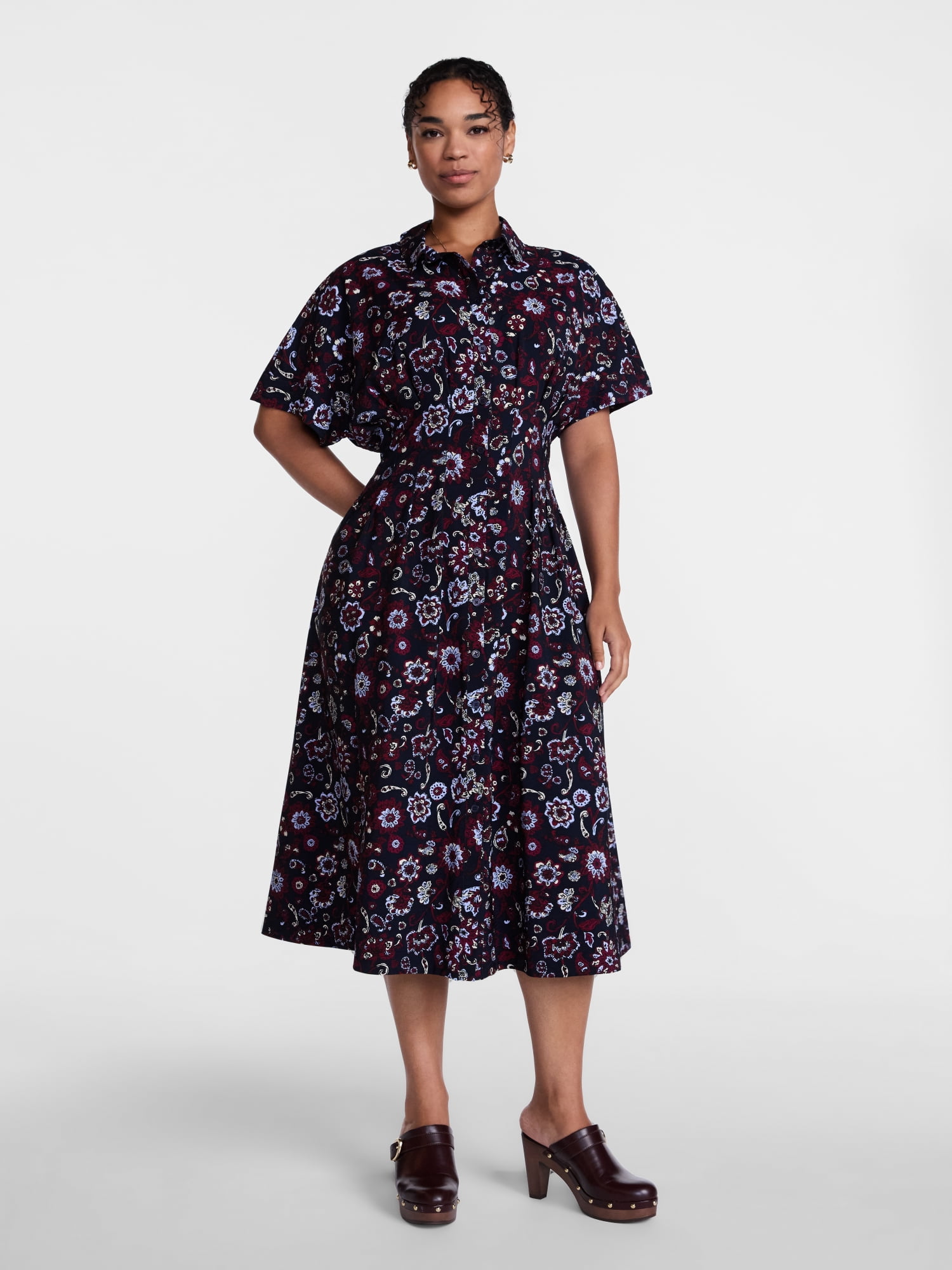 Scenario Women's and Women's Plus Pleated Waist Midi Shirtdress with Short Sleeves, Sizes XS-4X