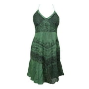 Mogul Womens Halter Dress Green Stonewashed Floral Embroidered Hippie Gypsy Boho Dresses XS