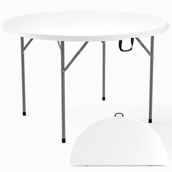 48" Round Bi-Folding Commercial Table, 4 Ft Portable Plastic Dining Card Table for Kitchen, Outdoor Party, Wedding Event, Banquet, Conference, Heavy Duty Folding Table with Carrying Handle, White