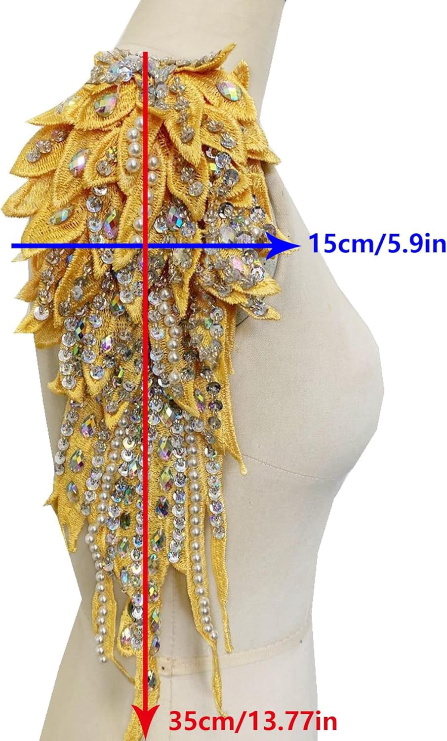 Handmade Rhinestone Pearl Applique: Angel Wing Shape Patches - Lace Applique Beaded Embroidered Trim Patches for Dress Clothes DIY Decoration (Red)